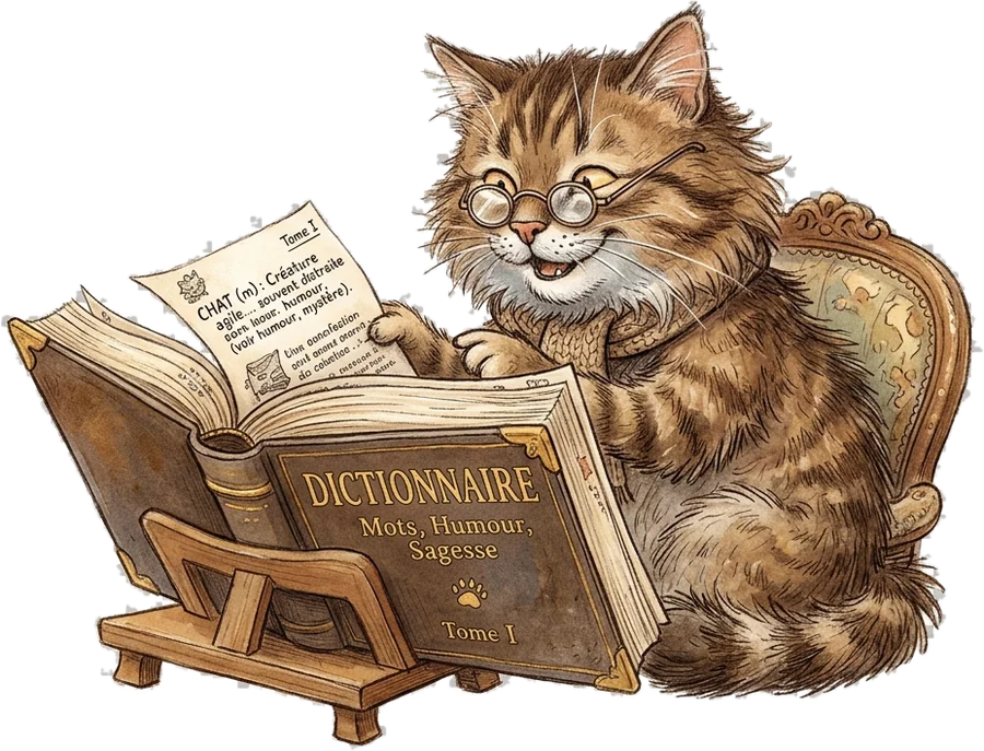 Un chat à lunettes consultant un grand dictionnaire, « Mots, Humour, Sagesse »