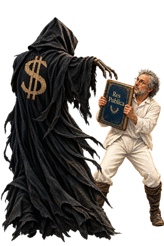 Epsilon serrant contre lui le livre « Res Publica » face à la Mort au dollar