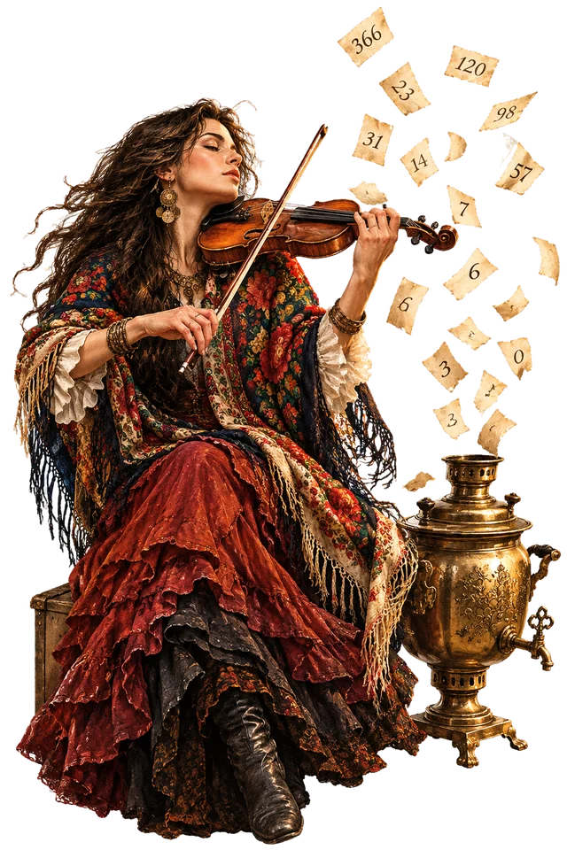 Maliarka, la violoniste au samovar, entourée de feuillets numérotés