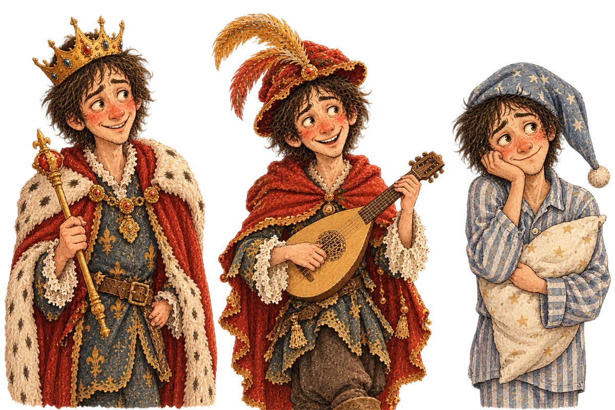 Le Prince Miteux en trois costumes : couronne et sceptre de prince, chapeau à plume et luth de ménestrel, bonnet de nuit et pyjama étoilé, un coussin dans les bras