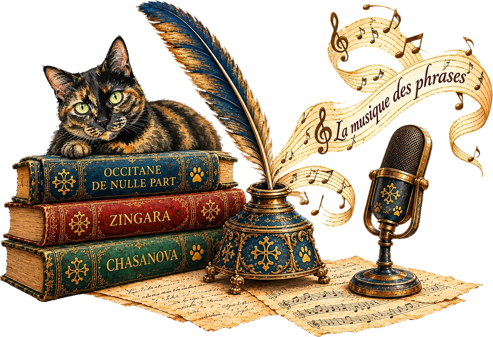 Un chat écaille de tortue sur une pile de livres (Occitane de Nulle Part, Zingara, Chasanova), une plume dans un encrier d'où s'envole un ruban de notes, « La musique des phrases », et un micro ancien