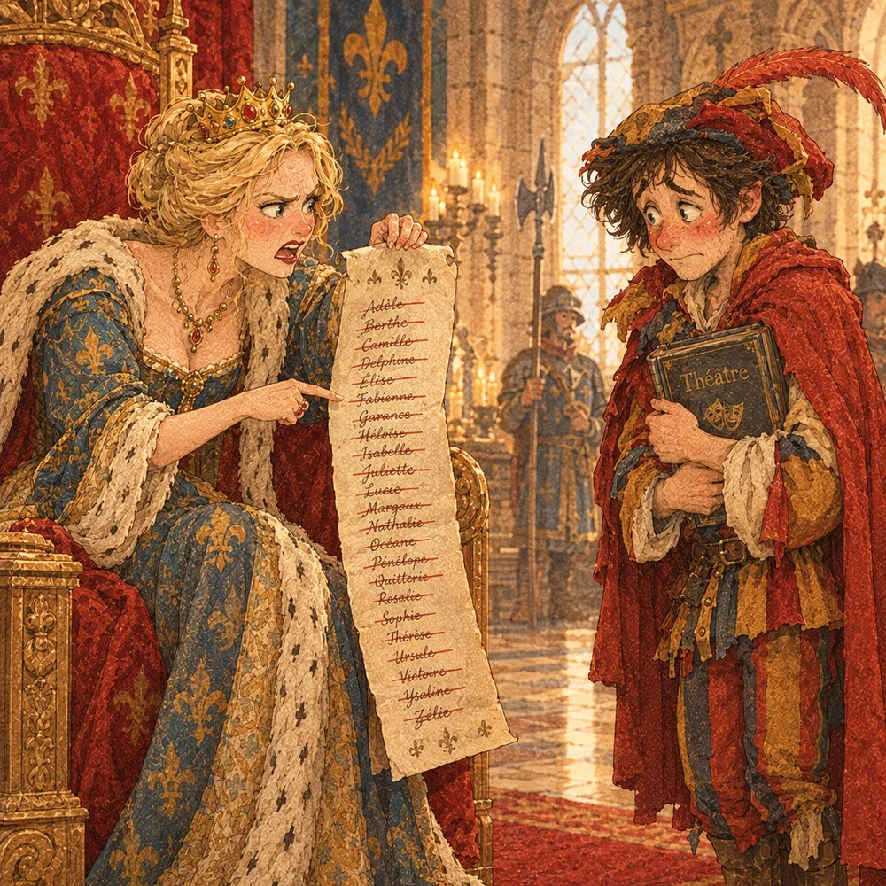 La Reine brandit un parchemin de prénoms tous barrés devant le Prince Miteux, qui serre contre lui un livre intitulé « Théâtre »