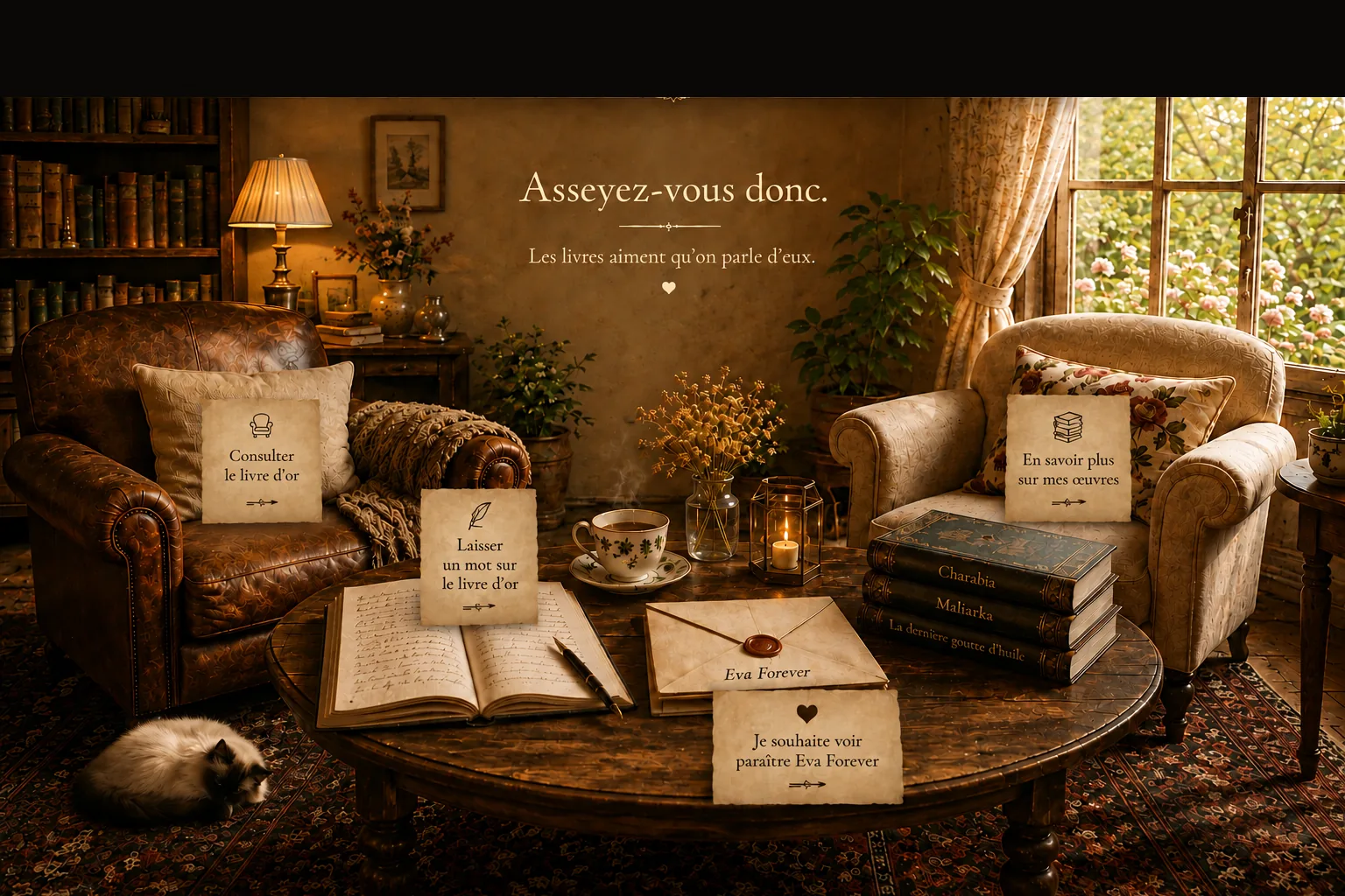 Salon de lecture, avec quatre feuillets interactifs sur une table et deux fauteuils